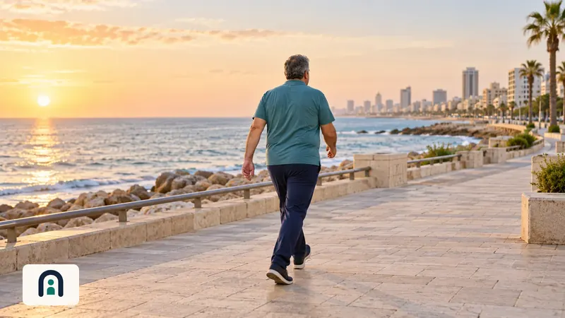 שני מבוגרים הולכים בשביל עירוני מוצל בשעות הבוקר