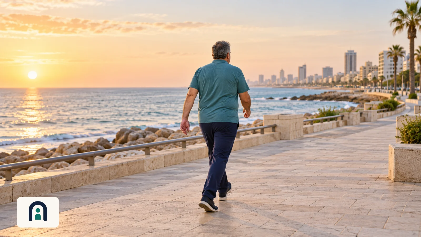 שני מבוגרים הולכים בשביל עירוני מוצל בשעות הבוקר