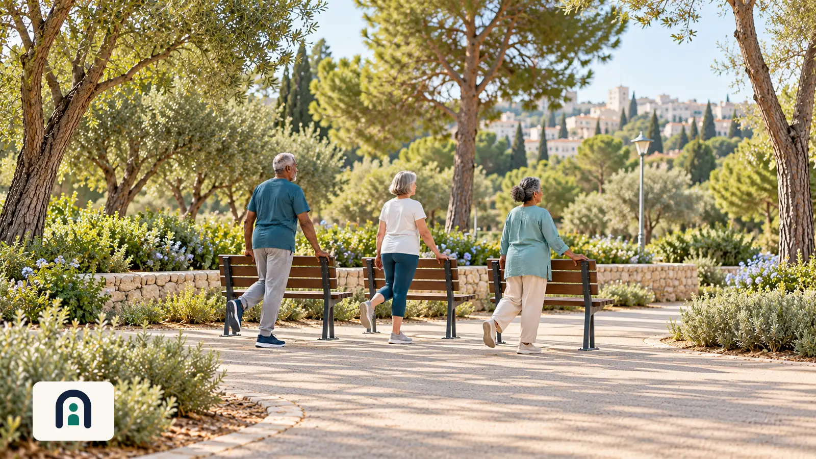 אדם מבוגר מתרגל תנועה ליד כיסא יציב בהדרכה במרחב מואר