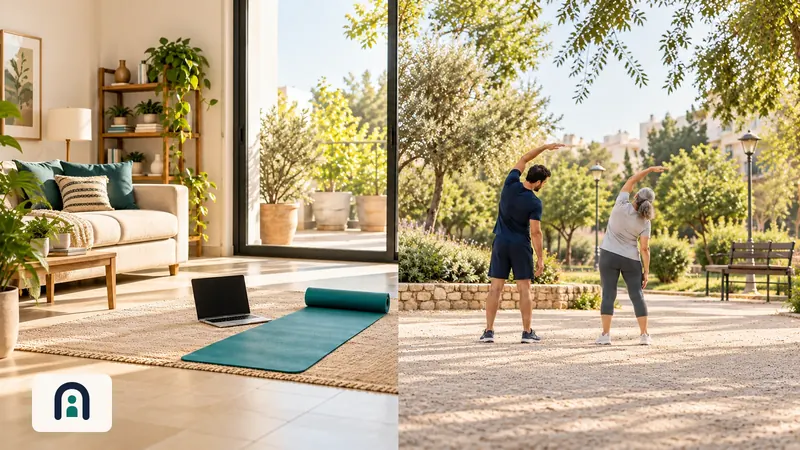 אדם ליד מזרן בסלון מביט במסך מחשב המציג מפגש אימון ללא טקסט קריא