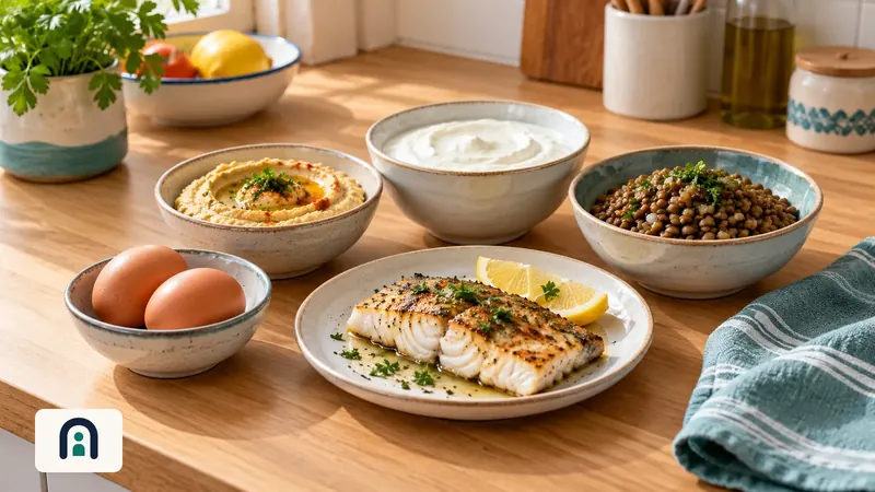 קערות עדשים, ביצים, טופו ויוגורט על שולחן מטבח ביתי באור טבעי