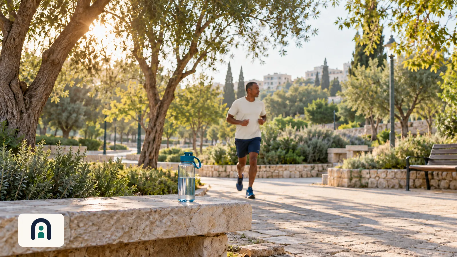 אדם בבגדי ספורט יושב בצל ליד בקבוק מים בפארק עירוני